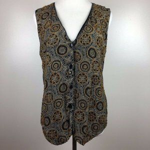 Vintage HG NY Vest Beaded Medallion Print Button Down Black‎ Gold Womens